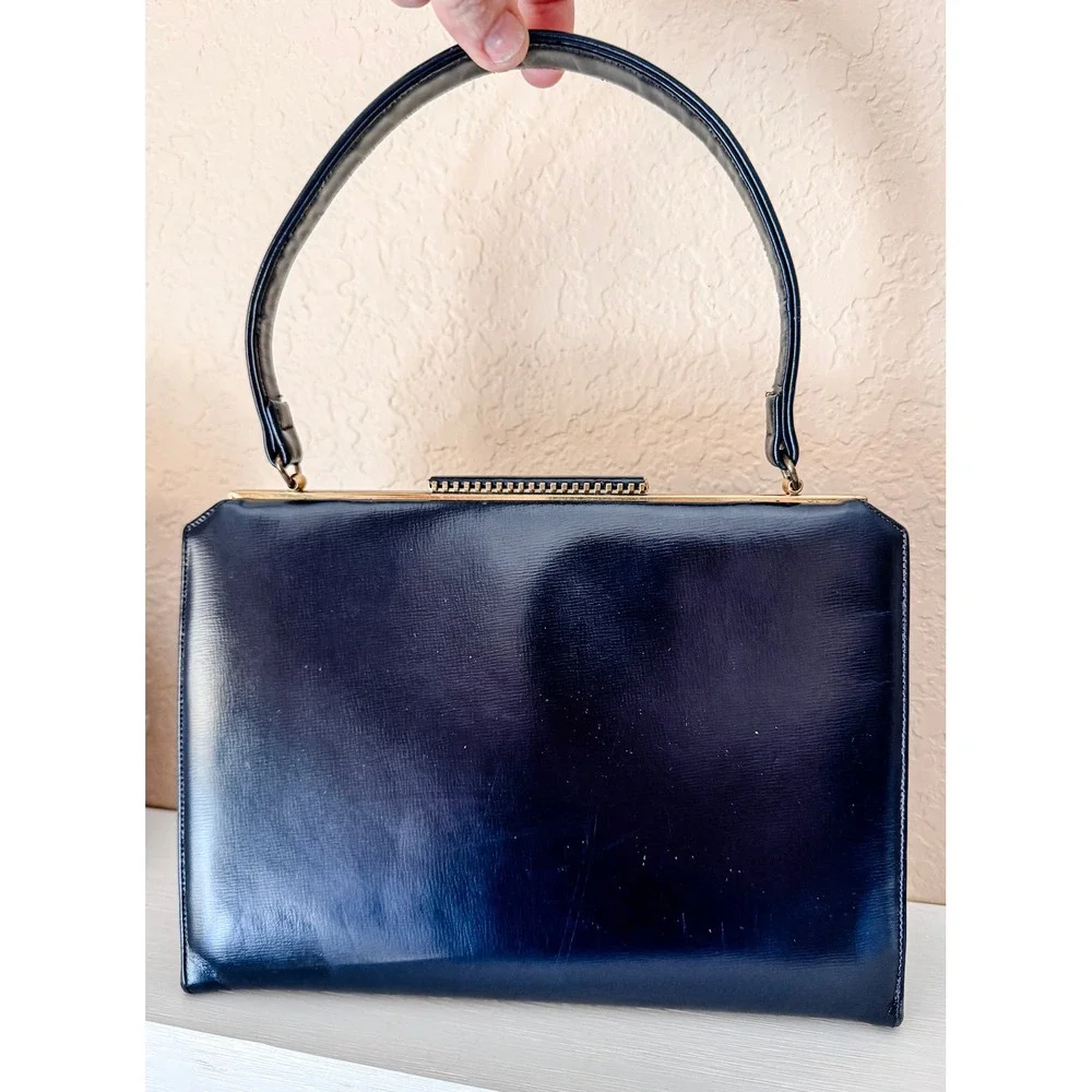 VINTAGE I. MAGNIN & CO. NAVY BLUE LEATHER TOP HANDLE FRAME‎ HANDBAG PURSE